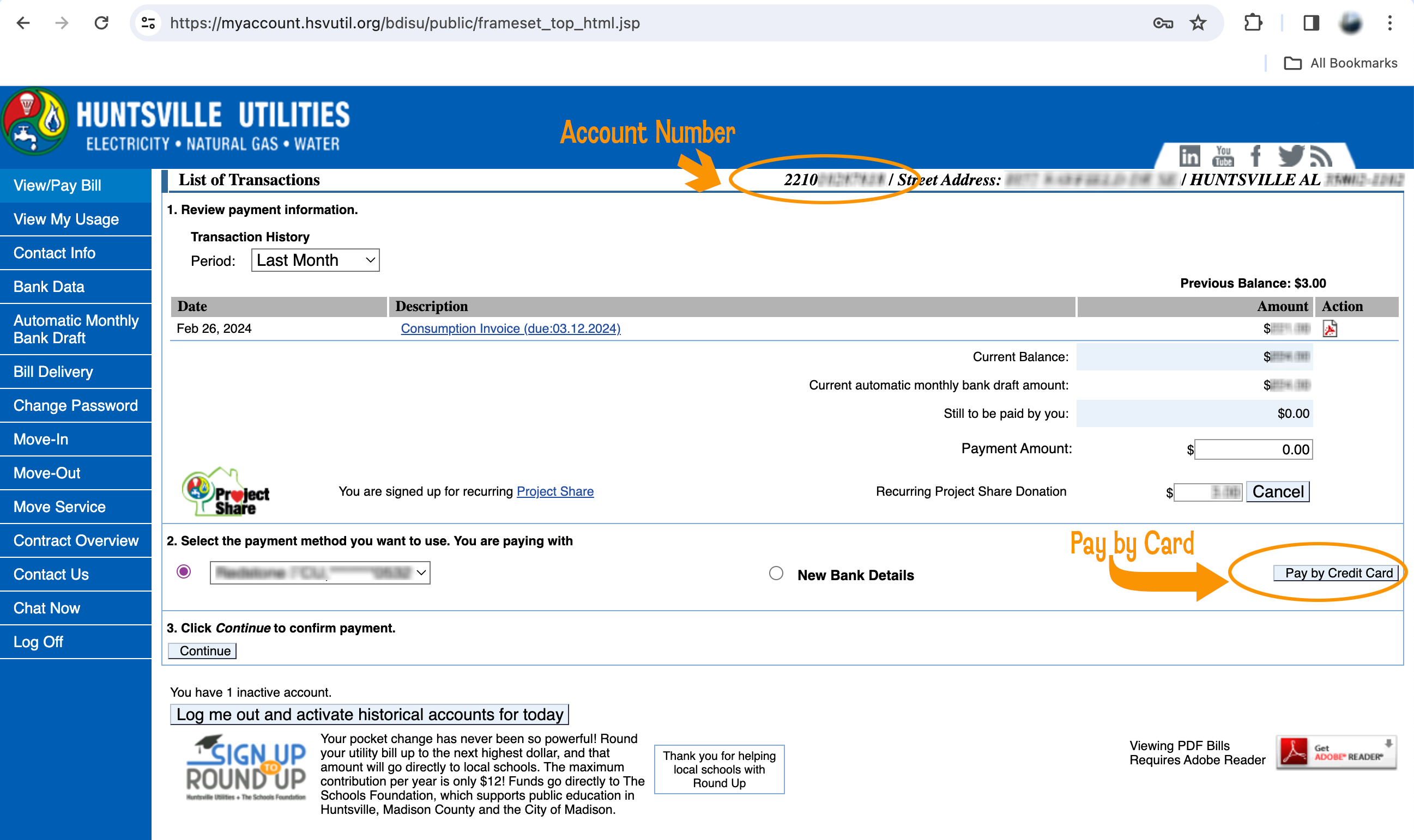 Example of a sample MyAccount billing page with pay by credit card circled